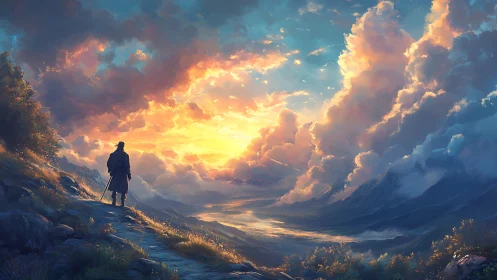 Lone traveler observing expansive sunset over valley.