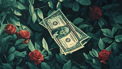 Crisp dollar bills lie on stylized rose foliage with cool tonal shading