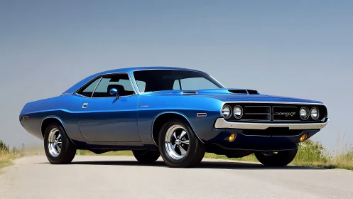 Blue muscle car coupe rendered in clean photoreal daylight