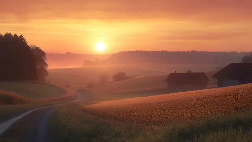 Sunrise over misty rural fields with glowing farm cabins.