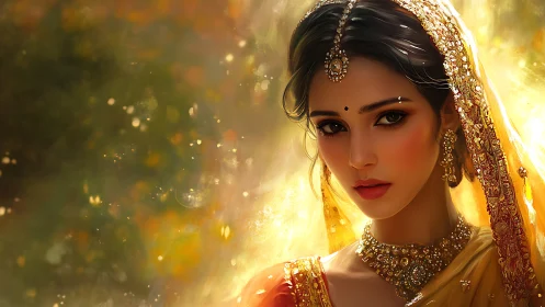 Radiant Indian bride gazes softly through golden festive light