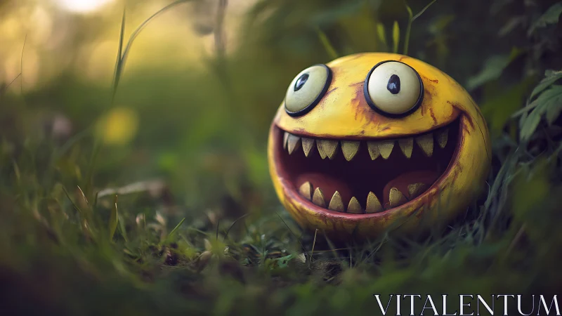 Grotesque yellow grin sphere with exaggerated teeth in shallow focus
