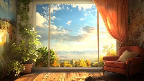 Interior lounge with window view of distant mountain range.