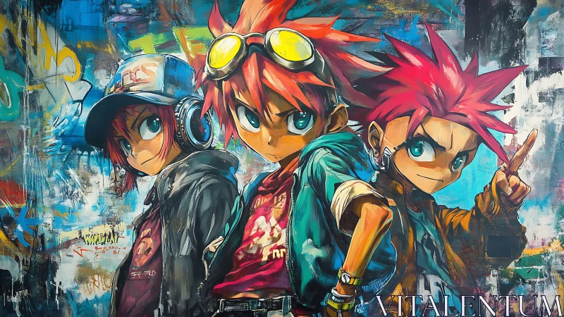 Graffiti-styled anime trio dominates vibrant urban backdrop