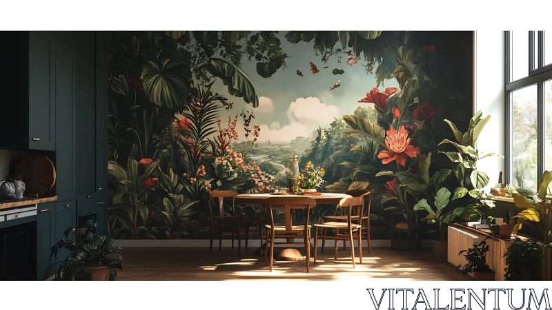 Tropical mural anchors biophilic dining interior with warm daylight
