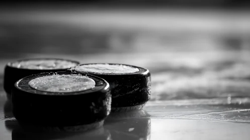 Close-up black and white study of three ice hockey pucks.