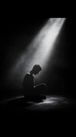 Quiet figure in a spotlight of hope and gentle reflection.