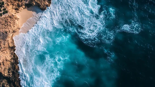 Turquoise waves crash against rugged sandstone coastline.