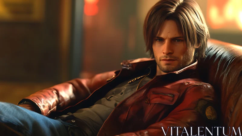 Cinematic 3D portrait of relaxed man on leather sofa interior.