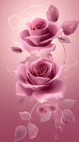 Pink Roses with Swirling Leaves Against Gradient Background.