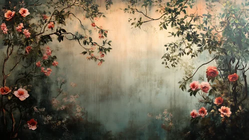 Floral branches frame misty teal garden backdrop painting.