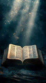 Open illuminated book lies on dark surface under vertical light