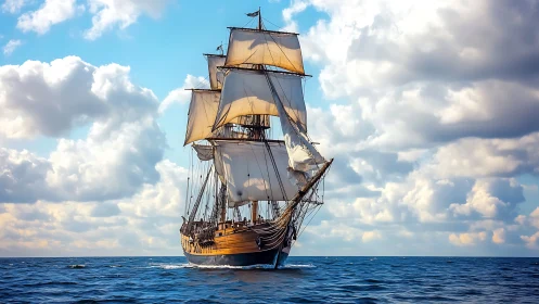 Tall-masted wooden sailing ship advances under full rig in daylight