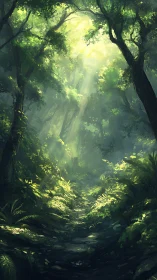 Luminescent Forest Passage: Digital Landscape with Atmospheric Depth.