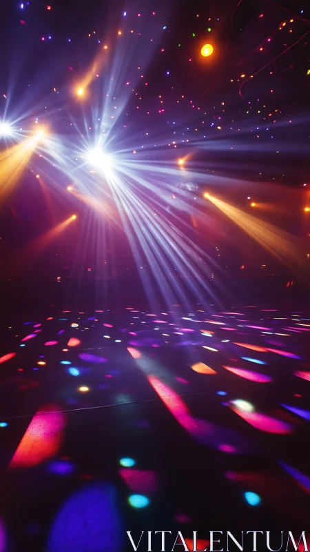 Disco lights cast vivid beams across empty dance floor.