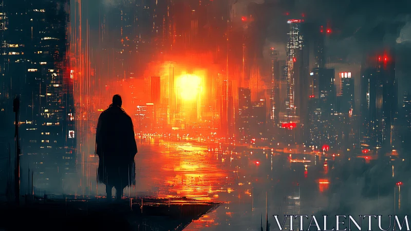 Lone figure watches a blazing cyberpunk city at dusk