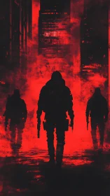 Armed silhouettes advance through dense red urban smoke.