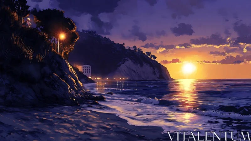 Golden sunset soaks a quiet coastal cove in gentle evening light