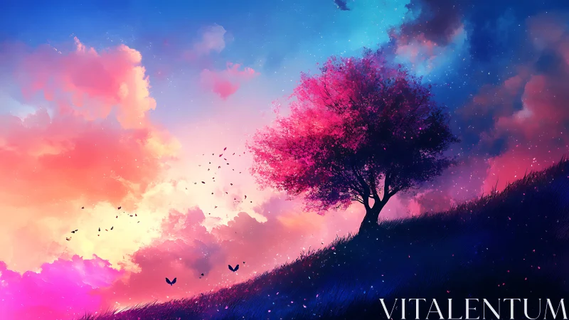 Lone pink tree glows against vivid twilight gradient sky