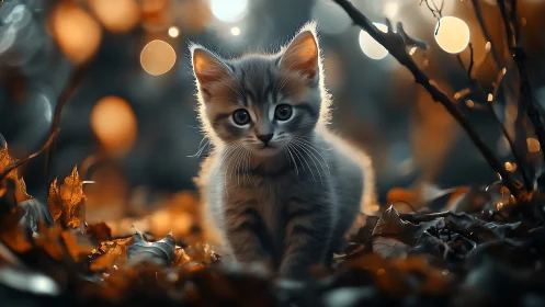 Kitten Emerges Through Golden Autumn Light and Fallen Leaves
