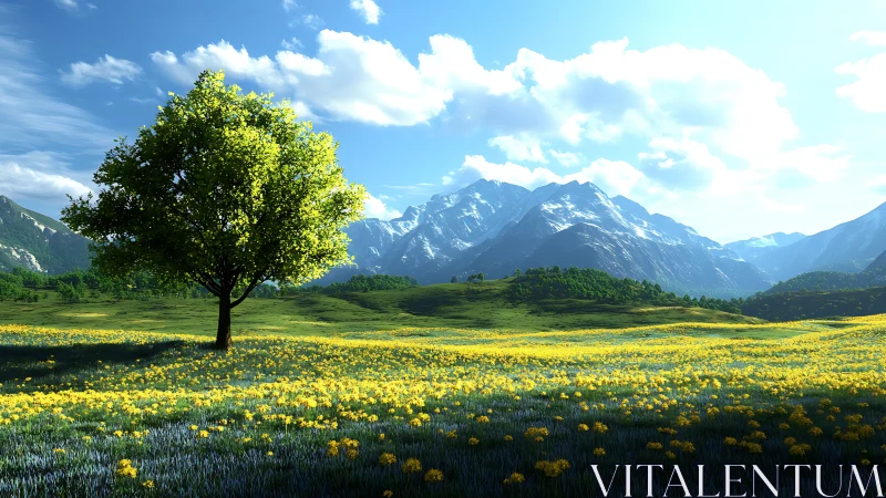 Solitary tree in bright alpine meadow under clear sky.