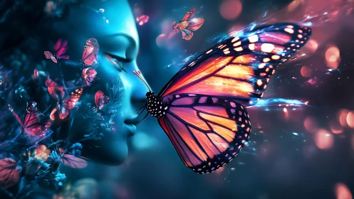 Luminescent woman and monarch merging in cosmic bloom.