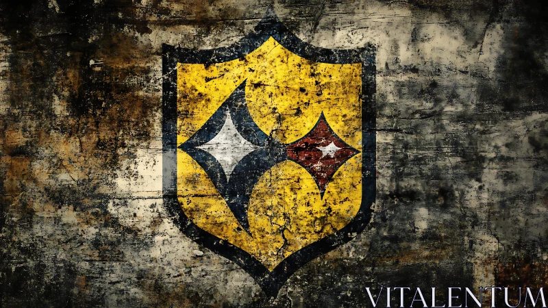 Grunge textured shield emblem on distressed concrete wall.