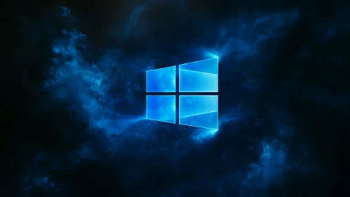 Glowing window icon floats in blue digital nebula field