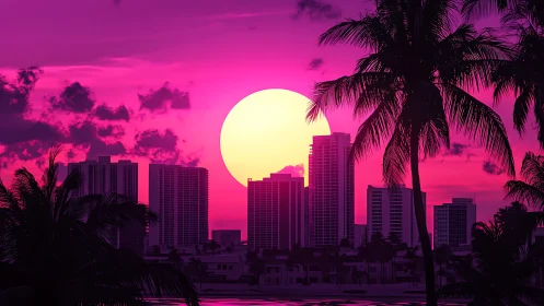 Neon pink sunset silhouettes tropical city skyline and palms
