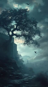 Moody castle overlook with lone tree in atmospheric dusk digital painting.