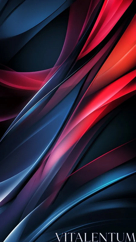 Layered curved ribbons in red and blue on dark background.