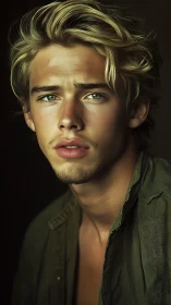 Blond young man portrait with direct, intense gaze.