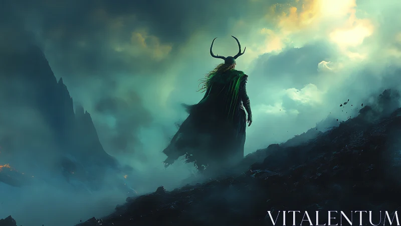 Backlit horned figure surveys stormy volcanic ridge in green haze
