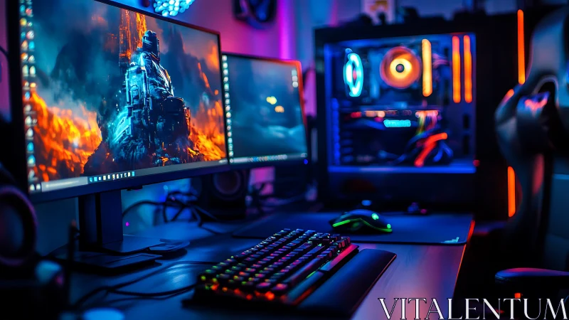 RGB battlestation glows with dual monitors and gaming rig.