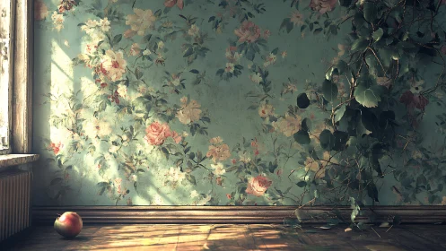 Sunlit floral wall and creeping ivy in quiet room.