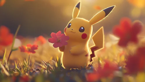 Softly lit Pikachu renders with shallow DOF in floral meadow