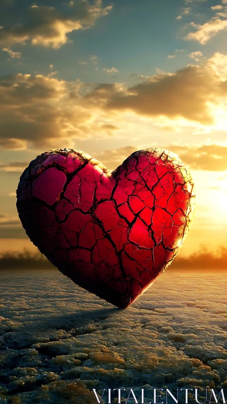 Cracked Red Heart Above Water at Sunset