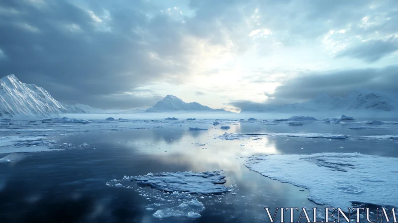 Calm arctic seascape glowing under a soft winter sunrise.