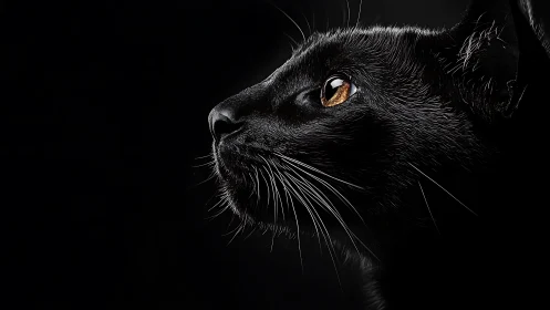 Black cat head in profile against dark background with amber eye