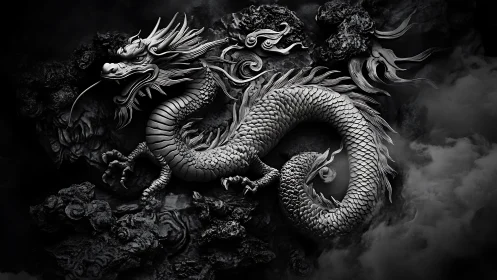 Monochrome relief of coiled dragon against rocky background.