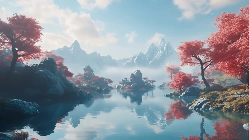 Serene alpine lake with pink foliage and misted peaks.