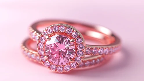 Pink sapphire halo engagement ring with pavé band detail.
