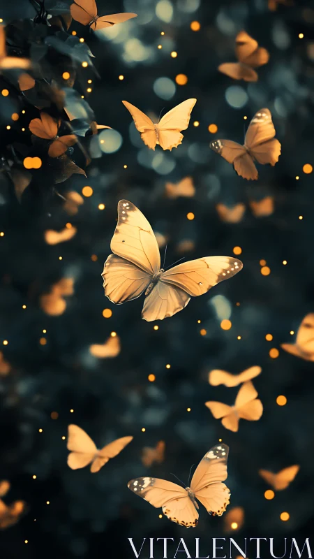 Golden butterflies drifting through a twilight forest hush.