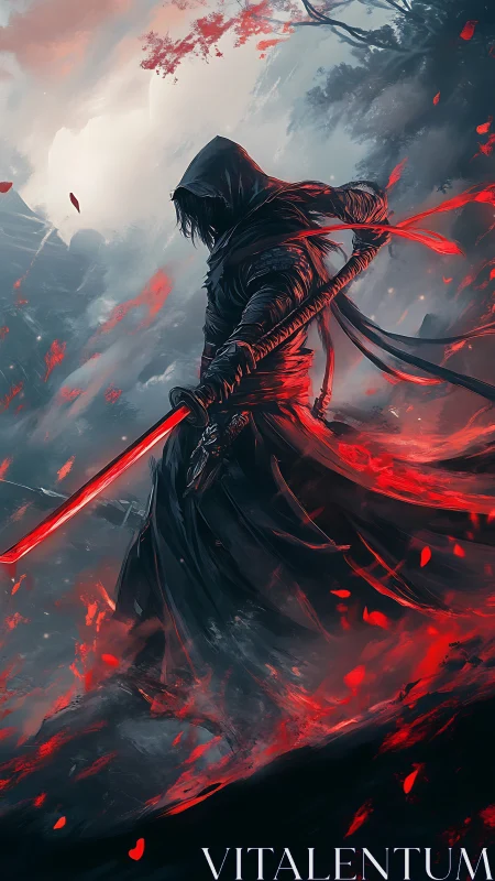 Hooded warrior grips crimson energy blade in stormed pass