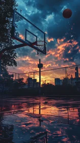 Sunset city court reflects storm clouds and rising shot.