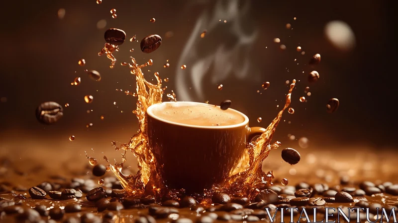 Coffee splash with steaming cup and scattered beans.