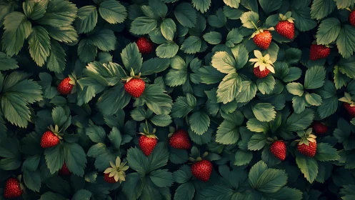 Ripe strawberry plants rendered with cinematic overhead lighting