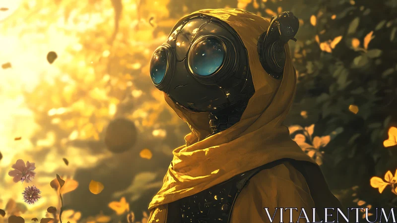 Robot in yellow cloak stands in glowing autumn forest