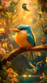 Colorful stylized birds perch on a branch in soft light