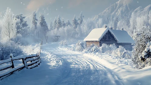 Snow-covered rural cabin beside a winter forest path.